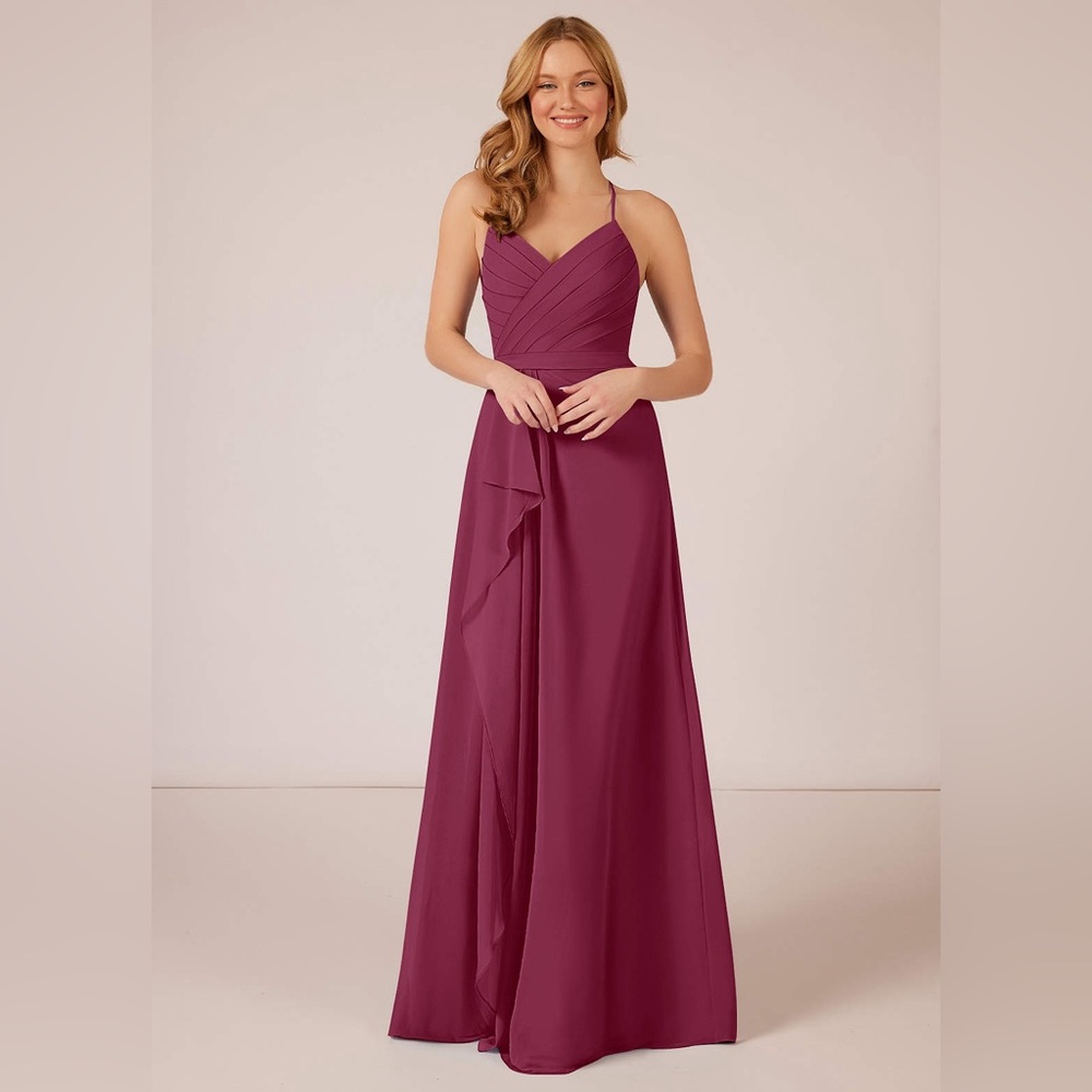 Azazie Dawn A-Line Pleated Chiffon Floor Length Dress - Mulberry - A6